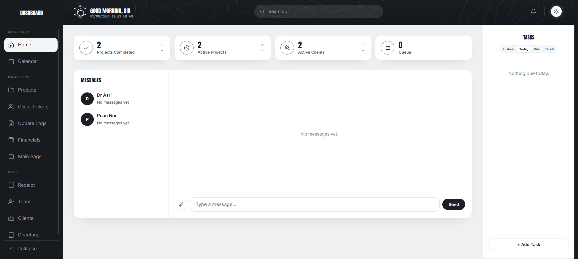 Web application dashboard with live stats, messaging, and task management